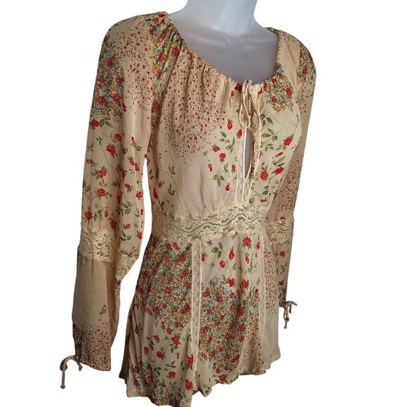 Vintage Y2K Bebe Babydoll Top Medium Fairy Grunge Boho Lace Floral Milkmaid - Picture 2 of 11